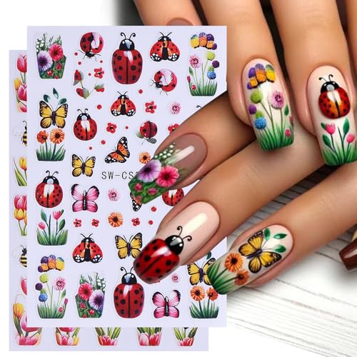 Flower Stickers Nail Art Decals 12PCS Summer Nail Art Designs with Tweezers Tulip Butterfly Leaf Florals Ladybug Decals 3D Self-Adhesive Manicure Simple Nail Stickers for Women Acrylic Nails Supplies - style: Summer Flower Styles
