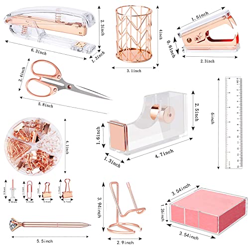 Rose Gold Office Supplies and Accessories, Acrylic Stapler, Staple Remover, Tape Holder, Ballpoint Pen, Scissor, Binder Clips, Staples, Phone Holder, Ruler, Transparent Glue and 300 Notes - color: Rose Gold