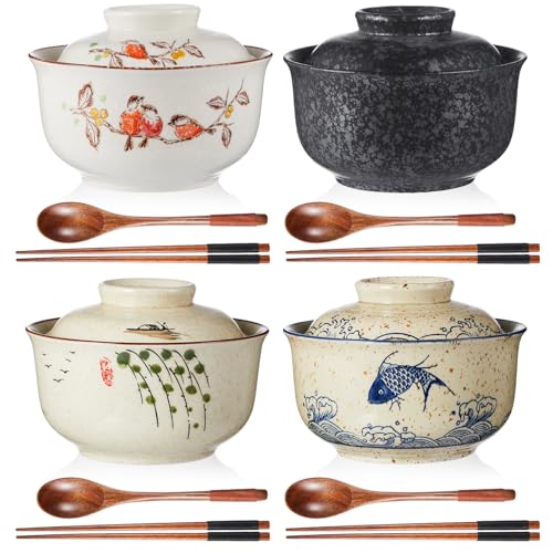 LemonRoad 25oz Ramen Bowls Set of 4 Japanese Dinnerware Set with Lid, Mixed - style: Mixed