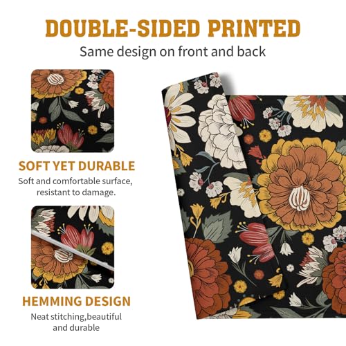 Black Boho Floral Placemats Set of 4 Spring Summer Vintage Flowers Botanical Decorative Table Mats Mid Century Modern Linen Place Mats for Party Kitchen Dining Outdoor Indoor Decor - color: Black Boho Floral