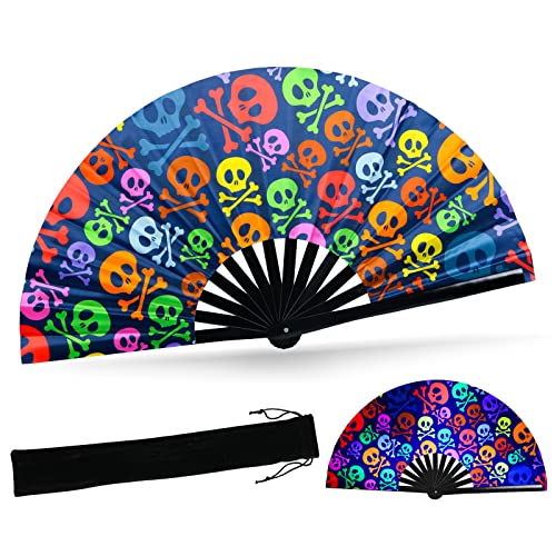 SYNTECSO Folding Hand Fan for Rave, UV Glow Clack Fan - color: Skulls