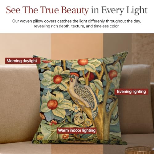 William Morris Woodpecker Left Tapestry Throw Pillow Cover 18x 18 in - color: Black Woodpecker Left