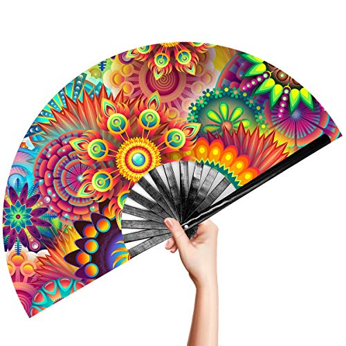 OMyTea Large Bamboo Rave Festival Folding Hand Fan for Men/Women - Chinese Japanese Handheld Fan with Fabric Case - for Electronic Dance Music Party, Performance, Decorations, Gift (Fantasy Flowers) - color: Fantasy Flowers