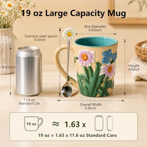 Ceramic Coffee Mug, 19 oz Large Floral Mug with Lid, Novelty Hand-Painted Mugs with Handle & Spoon, Dishwasher & Microwave Safe Cups for Coffee, Tea, Cocoa, Birthday Housewarming Wedding Gift - Beige - color: Beige
