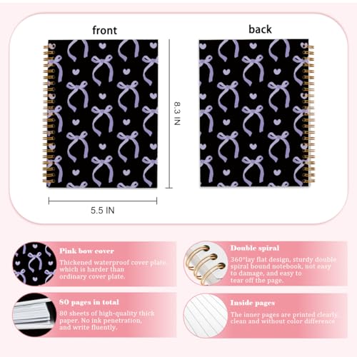QUICQOD Coquette Purple Bow Spiral Notebook with Black Cover 5.5x8.3 Inch - color: blackpurple