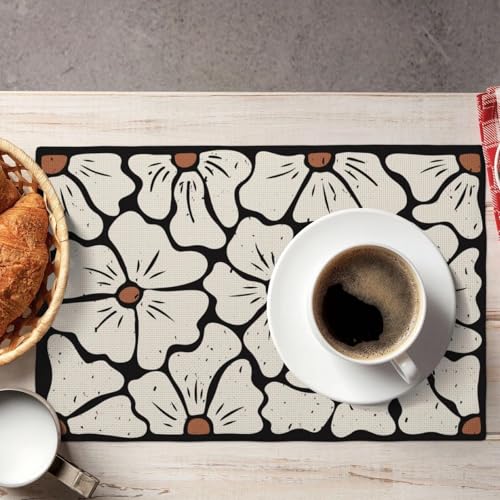 Boho Floral Placemats, Vintage Linen Place Mat Set of 4, Washable Non-Slip Heat-Resistant Farmhouse Abstract Table Mats, Wildflower Spring Summer Dining Mat for Party Kitchen Dining Decoration - color: Black Flower