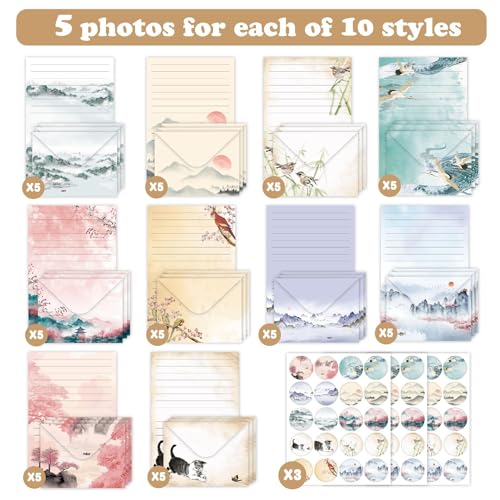 160 Pcs Stationery Set with Envelopes, 50 A5 Sheets of Stationery (10 Designs) with 50 Envelopes and 60 Stickers, Letter Writing Stationery for Home, Office, School, Set B - color: Ink painting stationery