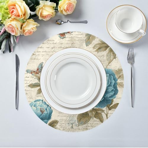 Blue Flower Butterfly Retro Pattern Round Placemats Washable ‌Heat Resistant‌ ‌Non-Slip Place Mats Table Place Mat for Kitchen Dining Set of 6 - color: Blue Flower Butterfly Retro Pattern, size: 15.4x15.4inx6