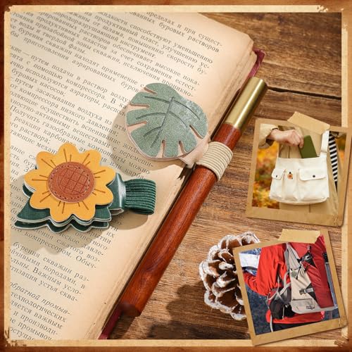 2PCS Vintage Magnetic Leather Bookmark, Leather Magnetic Bookmarks for Women,Unique Book Marks Gifts for Book Lovers， Magnetic PU Bookmarks Clip Book Accessories for Adults & Kids，Sunflower & Leaf - style: Sunflower&Leaf (with Pen Holder)