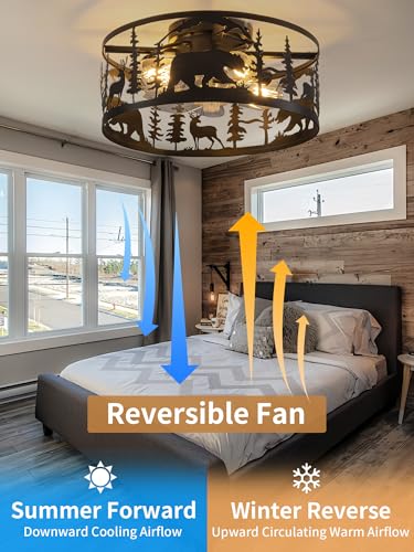 Farmhouse Caged Ceiling Fans with Lights and Remote Control,Rustic Black Chandelier Fan with Bear Deer Design,Flush Mount Low Profile Fandelier for Bedroom,Dining Living Room,Foyer - color: Black
