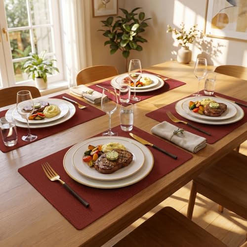 Romanstile Faux Leather Vinyl Placemats Set of 6, Red - color: Red