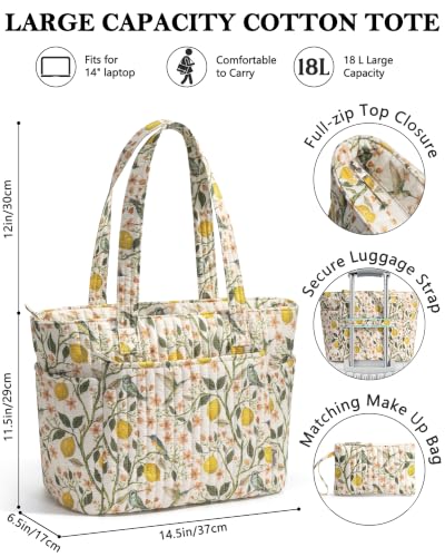 Bagstellar Quilted Tote Bag for Women Teacher Nurse Cotton Laptop Work Tote - color: Lemon Hummingbird