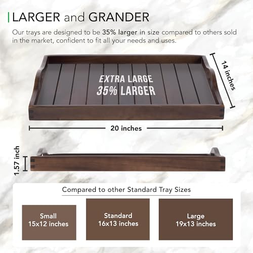 Large Acacia Wooden Serving Tray with Handles 20 x 14 inch Decorative Coffee Table Ottoman Tray for Living Room Extra Large for Kitchen Dinner Food Bar Breakfast in Bed (Dark Brown) - color: Dark Brown