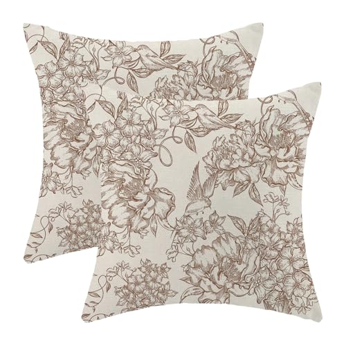 Chinoiserie Floral Pillow Covers 18x18 Pack of 2 Vintage Brown Flower Birds Throw Pillow Cover Outdoor Decor Spring Summer Floral Pillowcase Farmhouse Decorative Cushion Case for Home Couch - color: Brown-floral Bird 1, size: 18" x 18" (Pack of 2)