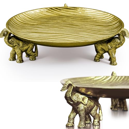 Antique Gold Tray with Elephant Stand - Round Coffee Table Centerpiece - color: Antique Gold