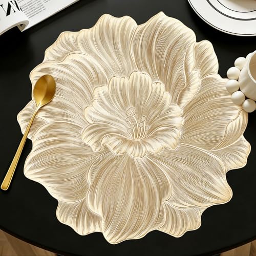 Quantum Love Camellia Gold Round Placemats Set of 6, 15 Inch PVC 3D Metallic Flower Table Mats, Wipeable Waterproof Non Slip Heat Resistant Placemats for Wedding Party Christmas Dining Table Decor - color: Gold Camellia
