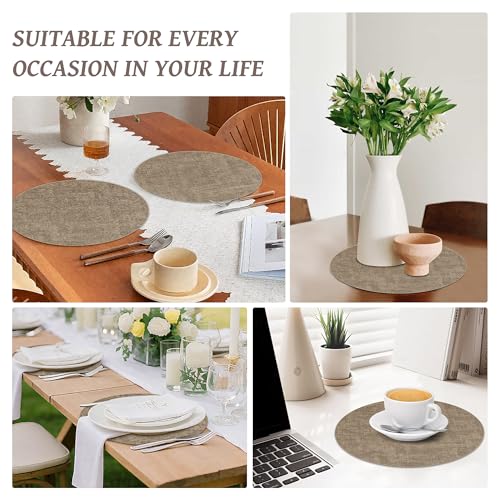 13" Round Placemats Set of 6, Reversible Faux Leather Wipeable Table Mats - color: Light Coffee