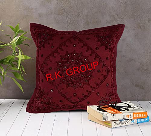 Home Furnishing Decorative Heavy Handmade Embroidered and Mirror Work Indian Cotton Maroon Throw Pillow Cushion Covers (Size : 16 X 16 Color : Maroon) - color: Maroon, size: 16" x 16" (Pack of 1)