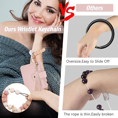 Wristlet Wallet for Women with Keychain – RFID Card Holder Small Wallet Wristlet with Key Ring - color: Pink, style: Classic