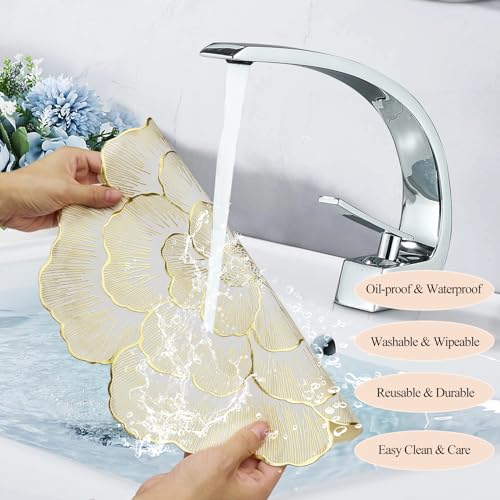 Floral Round Placemats Set of 6 Gold Vinyl Table Mats 15 Inch Reusable - color: Floral Gold
