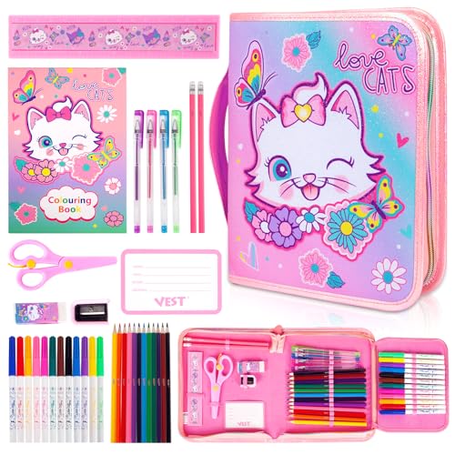 Washable Markers Set with Glitter Pencil Case, Art Supplies for Kids Ages 4-6-8, Arts Crafts Travel Coloring Kit for Girls 4 5 6 7 8 Year Old Birthday Gifts - color: Cat