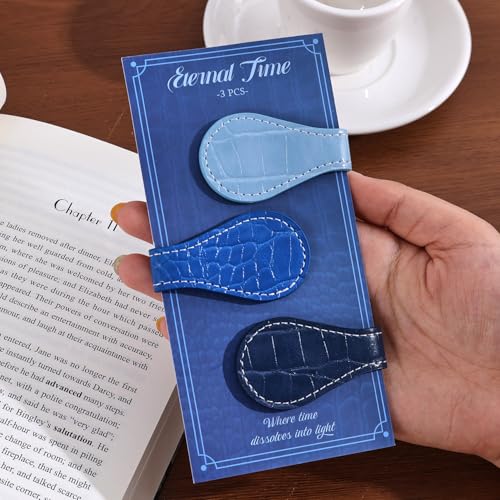 3PCS Vintage Magnetic Leather Bookmark, Leather Magnetic Bookmarks for Women, Magnetic PU Bookmarks Clip Book Accessories, Blue Pattern - style: Blue Pattern