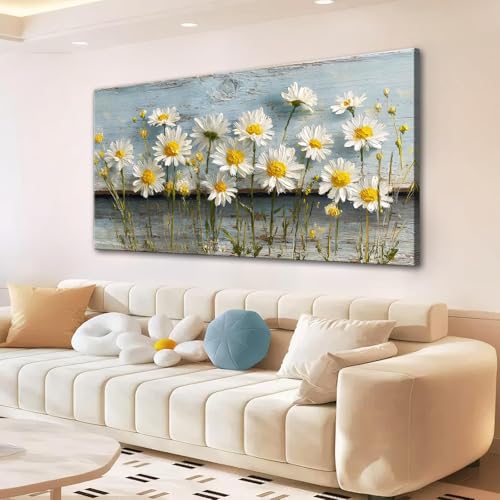 KZKU Rustic Floral Canvas Prints Wall Art Large Daisy Print on Weathered Blue Wood Background- Modern Farmhouse Decor for Living Room Bedroom 24X48in - color: blue-1, size: 48"L x 24"W