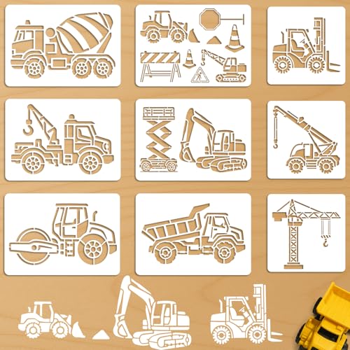 9Pcs Construction Vehicles Stencil PET Painting Templates Tractor Inlay Border Stencils for Furniture Reusable DIY Craft for Wall Wood Fabric Canvas Paper Decor - color: construction vehicle