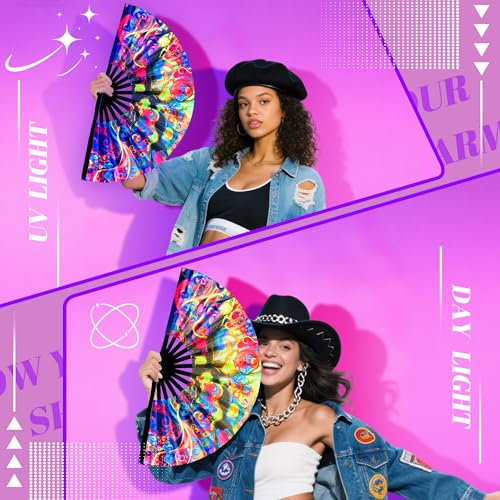 13 Inch Large Rave Fan & Clack Fan for Line Dancing - Folding Hand Fan with UV Glow for Boots on The Ground, Performance, Wedding, Party - Portable Handheld Fan for Women & Men - color: Life Tree*1
