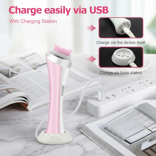 Facial Cleansing Brush, Electric Face Scrubber with 4 Brush Heads, Rechargeable USB Charging Dock, IPX4 Waterproof, 8000 RPM Dual Speed, Deep Cleansing & Exfoliation for All Skin Types (Pink) - color: Pink