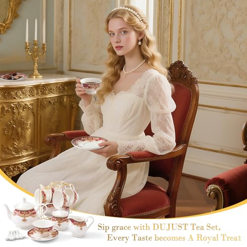 DUJUST 22 pcs Royal Vintage Porcelain Tea Set for 6, Luxury British Tea Sets for Adults with Red Patterns & Golden Trim, Beautiful Floral Tea/Coffee Cup Set, Gift Package - Royal Treat for You - color: British Vintage