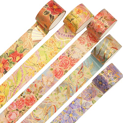 YUBBAEX Blooming Washi Tape Set Gold Foil Masking Tape Peony Wide Decorative for Arts, DIY Crafts, Journal Supplies, Planners, Scrapbook, Card/Gift Wrapping -25mm- (Red Flowers) - color: Red Flowers