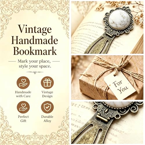 1Pcs Vintage White Howlite Bookmark with Natural Crystal Stone - Fantasy White Howlite Bookmark for Reading Women, Men, Book Lovers, Girls and Teachers Bookmarks - color: White Howlite
