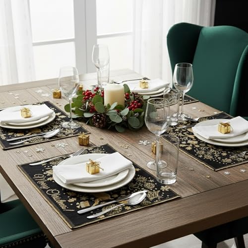 DaDa Bedding Set of 4-Pieces Magical Golden Reindeer Tapestry Placemats - Starry Winter Snowflake Festive Merry Christmas Holiday Yellow & Black - Needle Stitched Woven Table Mats - 13” x 19” - color: Magical Deer