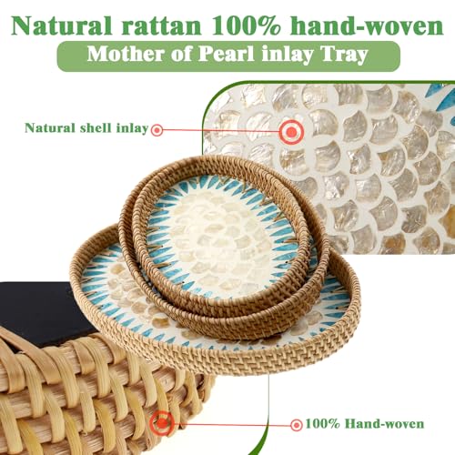 Oval Rattan Mother of Pearl Serving Tray, 3 Sizes Wicker Woven Coffee Table Tray with Wooden Base for Fruit Snack Breakfast Party Picnic Cafe Kitchen Home Decor (Blue White Scale) - color: Blue White Scale