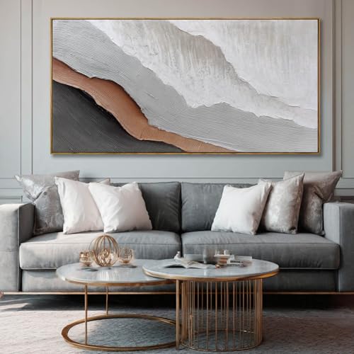 Textured White Wall Art,Grey Abstract Artwork,Large Framed Modern Pictures,Wave Landscape Oil Painting 24"x48"for Home Office Gallery - color: SOUGUAN-BHZ60120, size: 48"L x 24"W