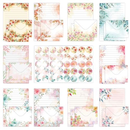 160 Pcs Stationery Set with Envelopes, 50 A5 Sheets of Stationery (10 Designs) with 50 Envelopes and 60 Stickers, Letter Writing Stationery for Home, Office, School, Set H - color: Simple floral stationery