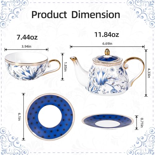 KAMMAK Tea for One Set, Ceramic Teapot, Bone China Tea Set, Cup and Saucer - color: Blue-GH7