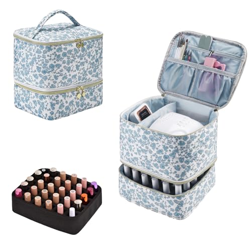 Upgraded Nail Polish Organizer Case - Holds 30 Bottles and 1 Nail Light, Double-layer Nail bag Organzier Case Nail Polish Storage Bag with Handles (Blue-Flower) - color: Blue-Flower