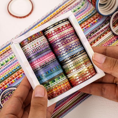 emmoolife 50 Rolls Skinny Washi Tape Set 3mm Wide, Gold Foil Print Masking Thin Basic Patterns Decorative Tapes for Scrapbooking, Junk Journal Supplies, Bullet Journaling, Craft Tape for Women Girl - style: Colorful Skinny