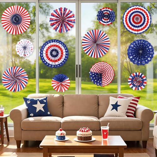 NOVWANG 12 Pack Patriotic Paper Fans 4th of July Hanging Fans Decorations - style: Patriotic