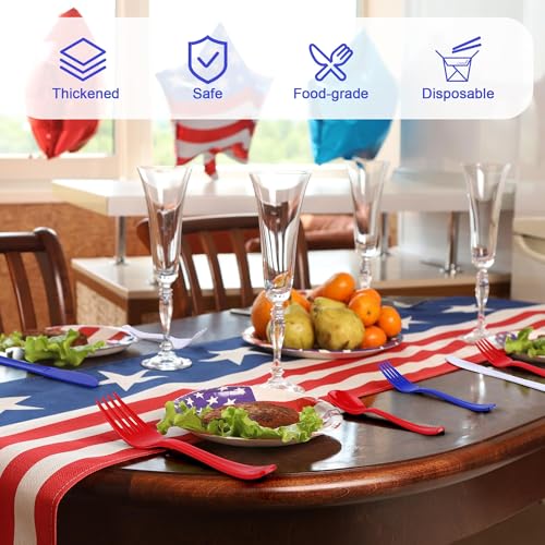 Kochorie 300 Pieces 4th of July Plastic Silverware, Heavy Duty Independence Day Cutlery Set, Disposable Plastic Utensils Includes Spoons Forks Knives for Memorial Day Veterans Day, Red Blue White - color: Red, Blue, White