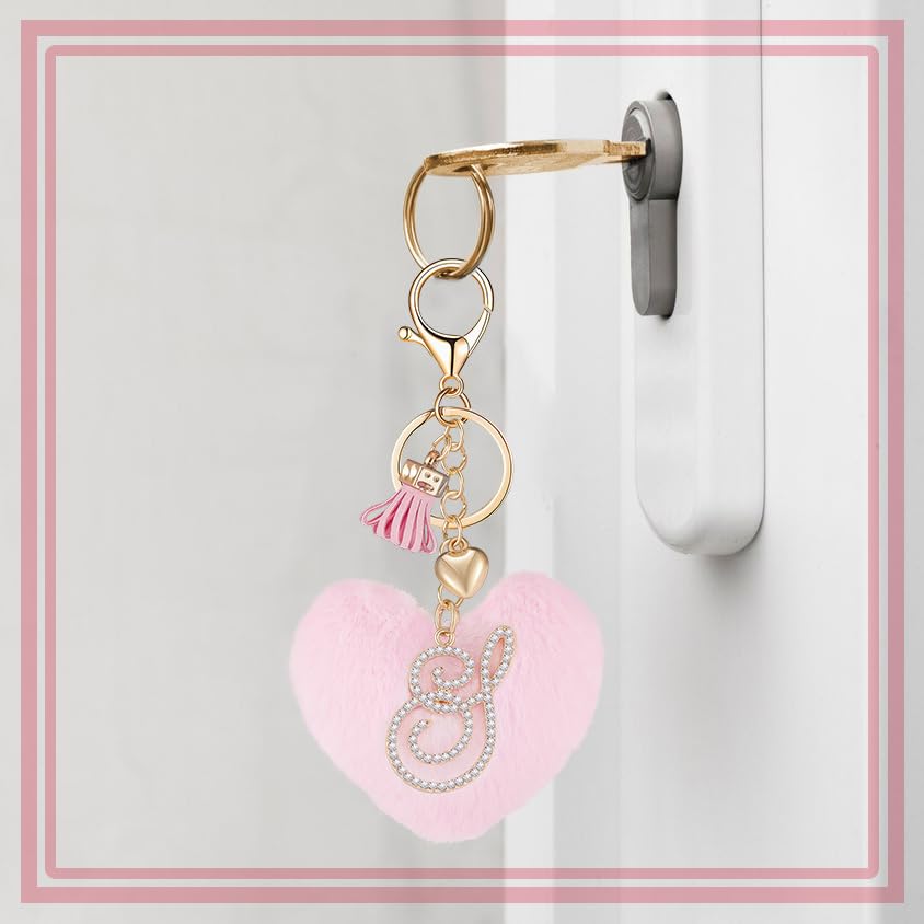 Initial Letter Heart Pom Pom Keychain for Women Pink Soft Fluffy Ball Key Ring for Purse Backpack Handbag - color: J