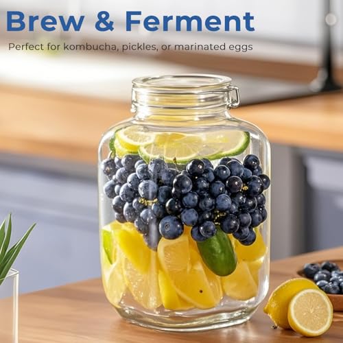 Cyclemore 2 Pack 1 Gallon Square Clear Glass Jar with Airtight Lid, Storage Canister 128oz, Wide Mouth Jar for Fermenting, Pickled Egg, Kombucha, Kefir, Canning, Sun Tea and Food Storage