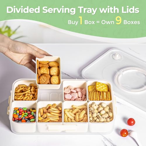 LUXEAR Divided Serving Tray with Lid and Handle Snack Box Charcuterie Container Dishwasher Safe 8 Compartment Snack Platters Portable Clear Organizer for Fruits, Candy, Snacks, Picnic, Travel - size: 1pack white