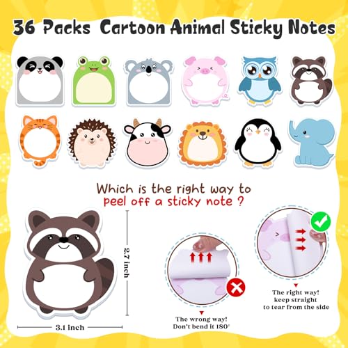 36 Pack Cute Sticky Notes 720 Sheets Cartoon Sticky Notepad Colorful Animals Shape Self-Sticky Writing Memo Pads Page Marker for School Office Supplies Small Gift Back to School Party Favor (Animal) - style: Animal