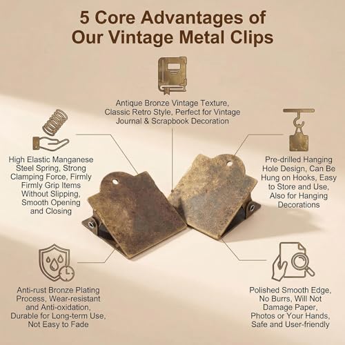 2Pcs 4.5x4x2.2cm Antique Bronze Vintage Journal Clips, Metal Notebook Page Holders, Decorative Organizer for Planners, Documents, Books and Reading Accessories