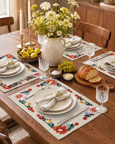 Embroidered Placemats Set of 6-13"x 18" 6PCS Embroidered Rustic Washable Fabric Place Mats Farmhouse Boho Dining Table Mats Dinner Placemats, Colorful Flower - color: Colorful Flower