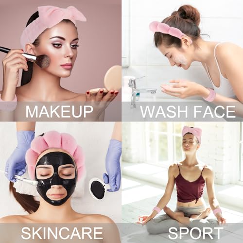 SuPoo 6pcs Pink Spa Headband and Wristband Set - Makeup Sponge Headband, Puffy Skincare Headbands, Cute Wrist Towels with Hair Ties - Teen Girl Gifts, Trendy Stuff - color: 6pcs-pink
