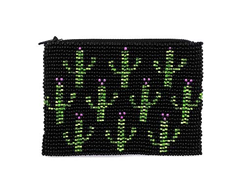 Multi Saguaro Cactus Pattern Czech Glass Seed Beaded Coin Purse Zipper Pouch - Womens Fashion Handmade Bags Boho Travel Accessories (Black) - color: Black